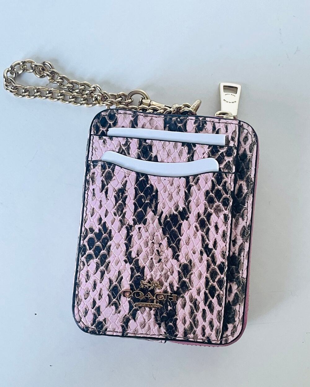 Coach CEC53 Signature Canvas Pink Snake Zip Card Case Chain Strap